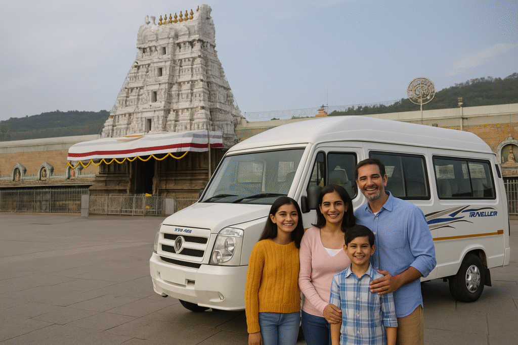 Family Enjoying Bangalore to Tirupati Tempo Traveller Tour for Temple Visit